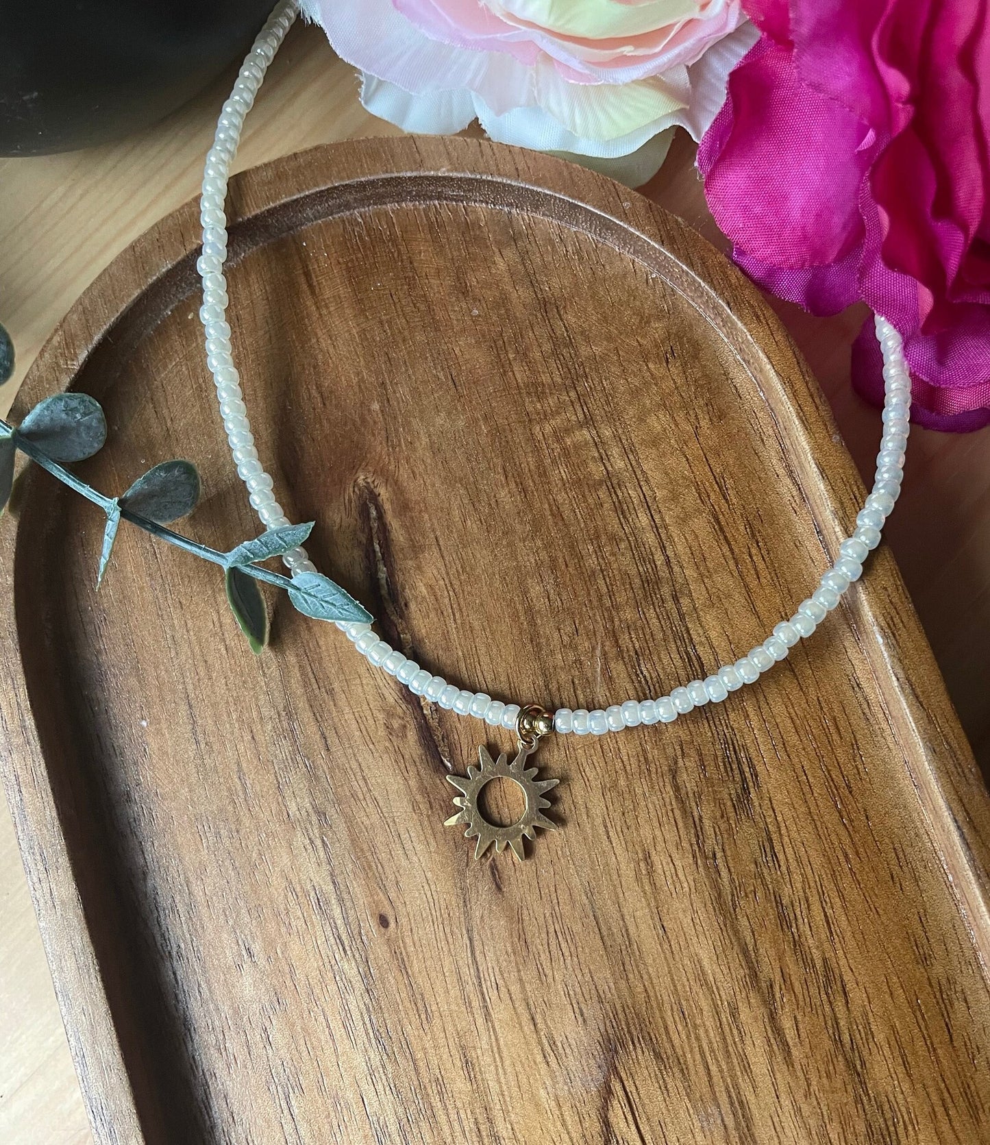 Miyuki Perlenkette mit Edelstahl Anhänger – Sonnen- oder Muschelkette