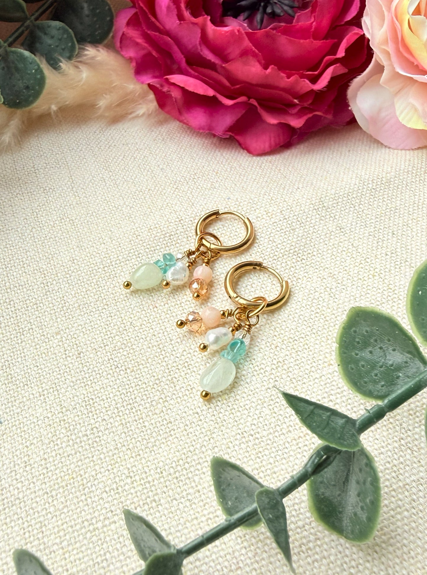 Schmuckset Pastell – Edelstein Kette, Armband und Ohrringe aus Naturstein & Perlen — Ohrringe