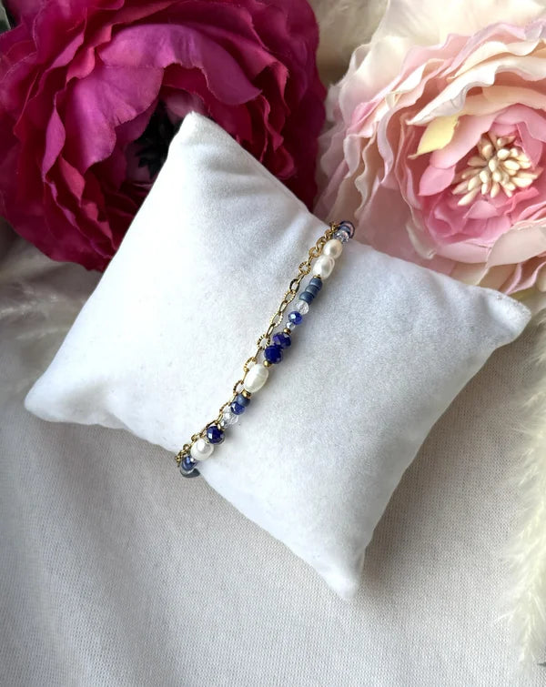 Zweigliedriges Perlenarmband "Sina" in blau/gold tönen