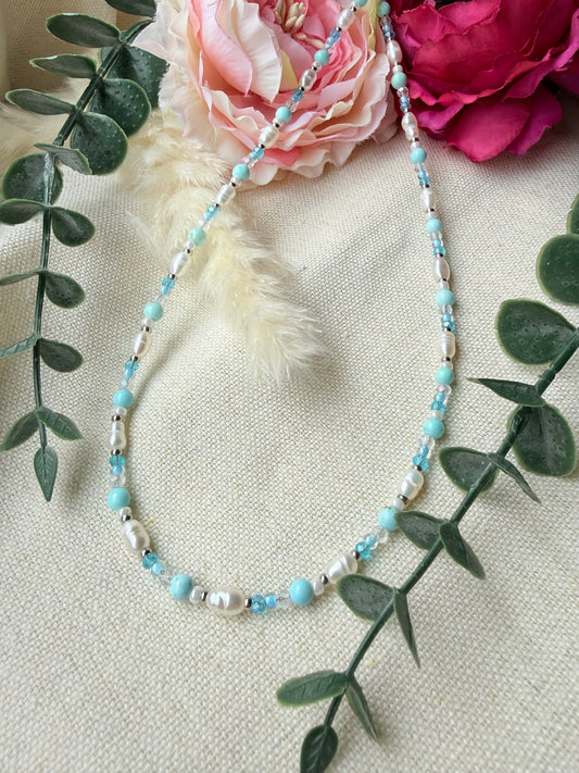 Perlenkette Türkis – Edelstein Kette mit Süßwasserperlen & Glasschliffperlen