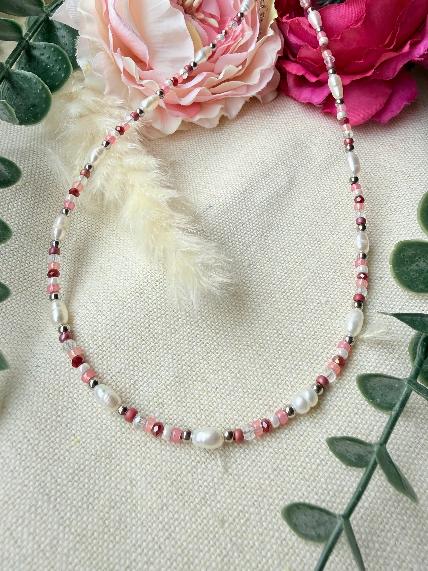 Süßwasserperlen Kette Rosa – Perlenkette mit Glasschliffperlen & Edelstahl „Rosé Dream“