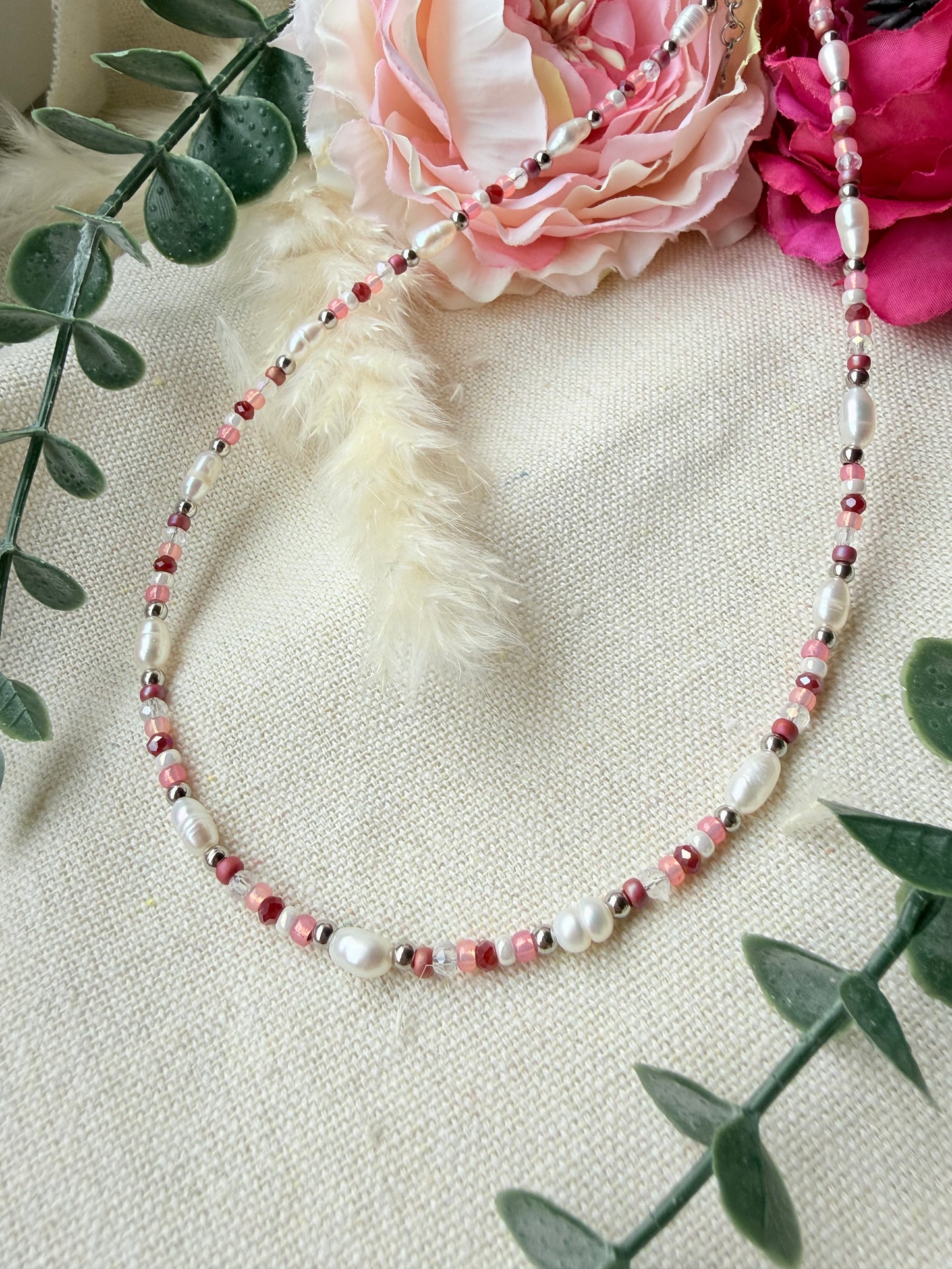 Süßwasserperlen Kette Rosa – Perlenkette mit Glasschliffperlen & Edelstahl „Rosé Dream“