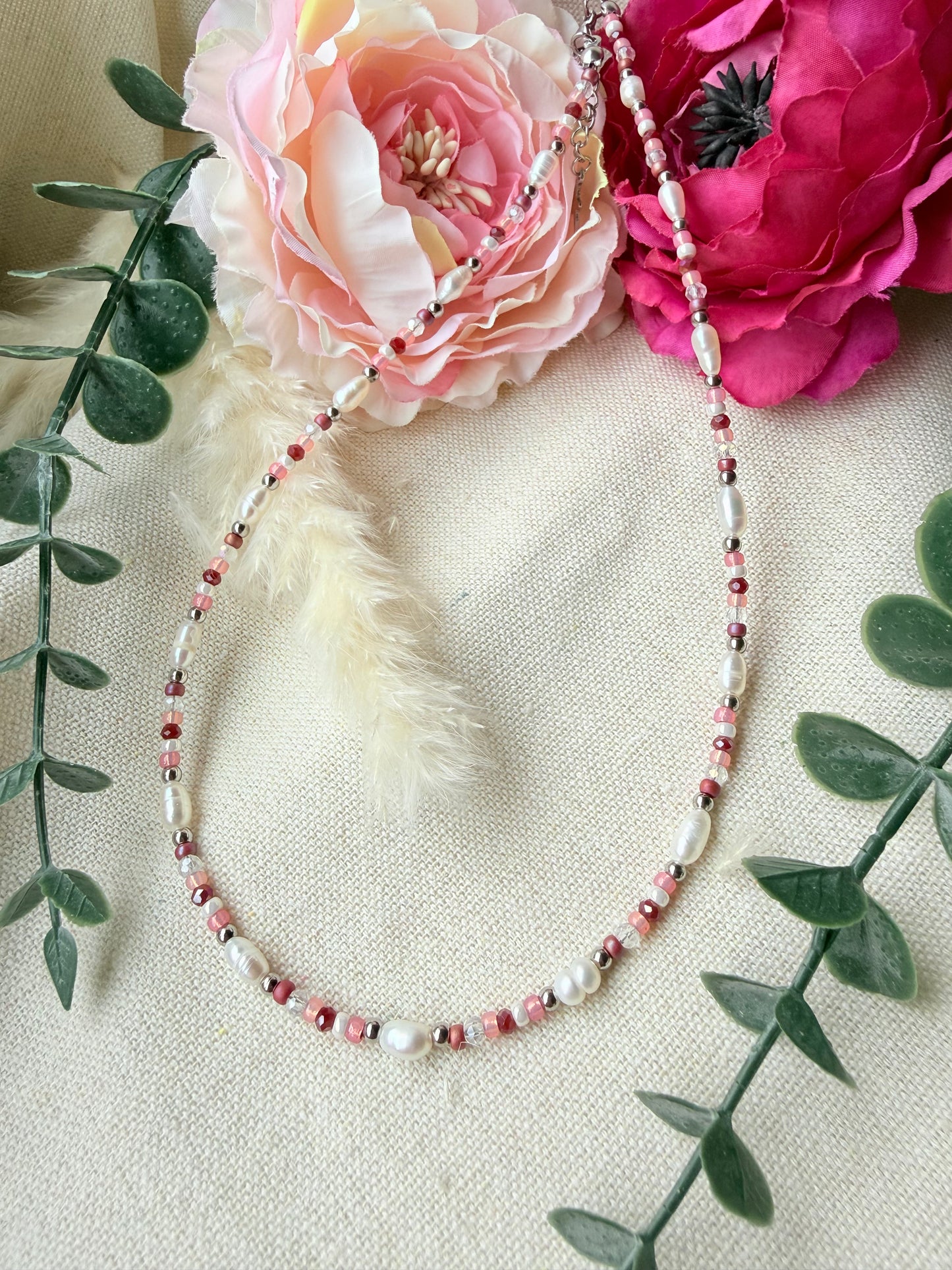 Süßwasserperlen Kette Rosa – Perlenkette mit Glasschliffperlen & Edelstahl „Rosé Dream“