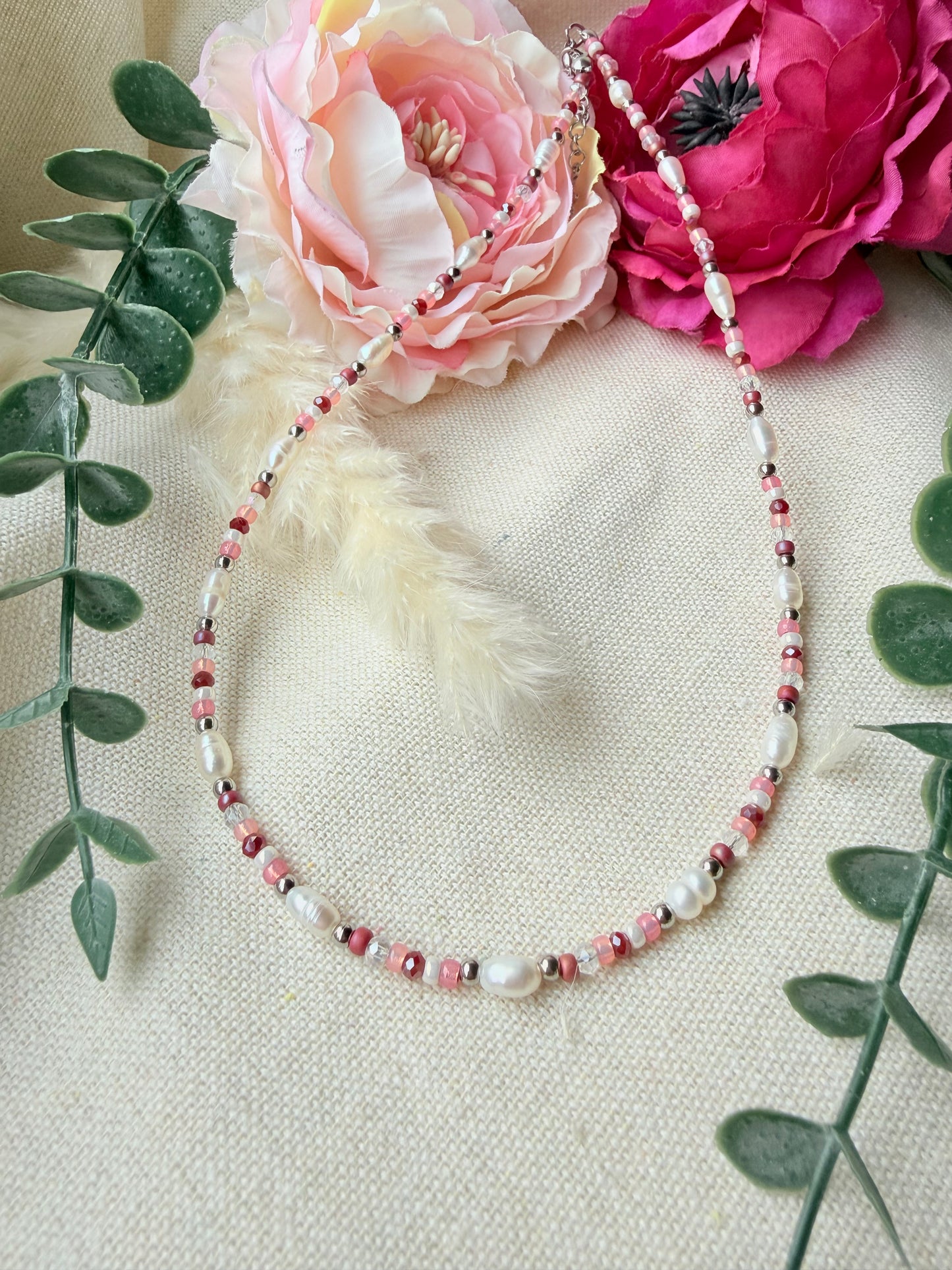 Süßwasserperlen Kette Rosa – Perlenkette mit Glasschliffperlen & Edelstahl „Rosé Dream“