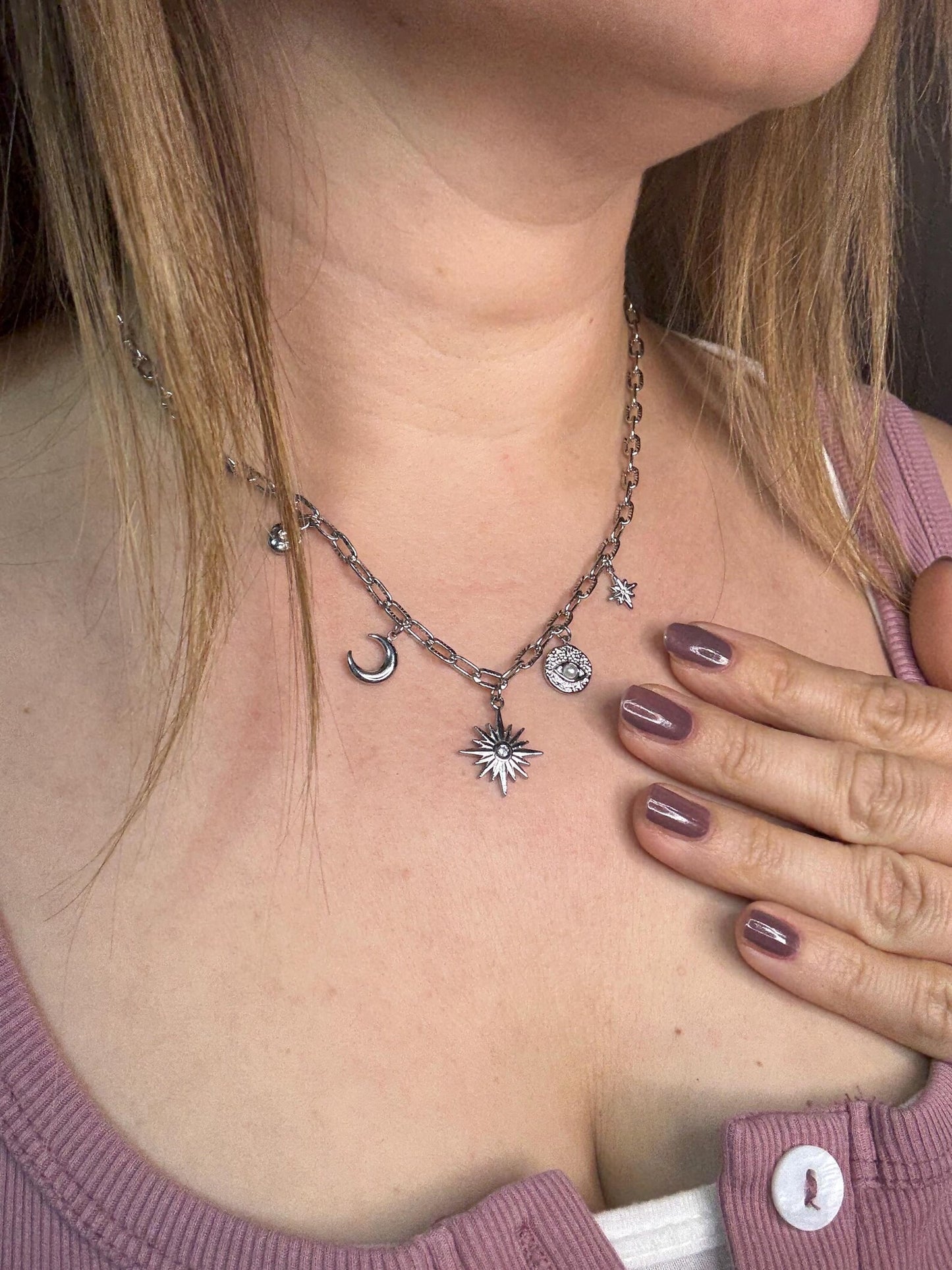 Edelstahl Charm Kette Damen – Silber mit Sonne, Mond, Stern & Auge Anhänger "Stern"