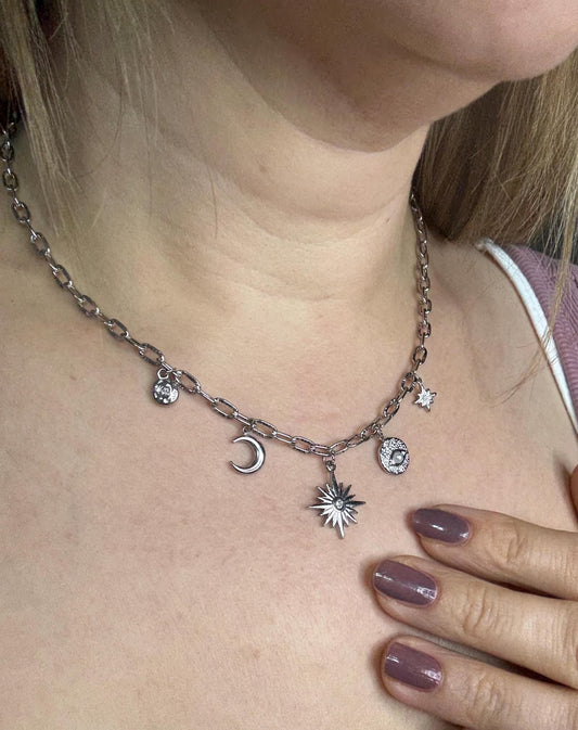 Edelstahl Charm Kette Damen – Silber mit Sonne, Mond, Stern & Auge Anhänger "Stern"