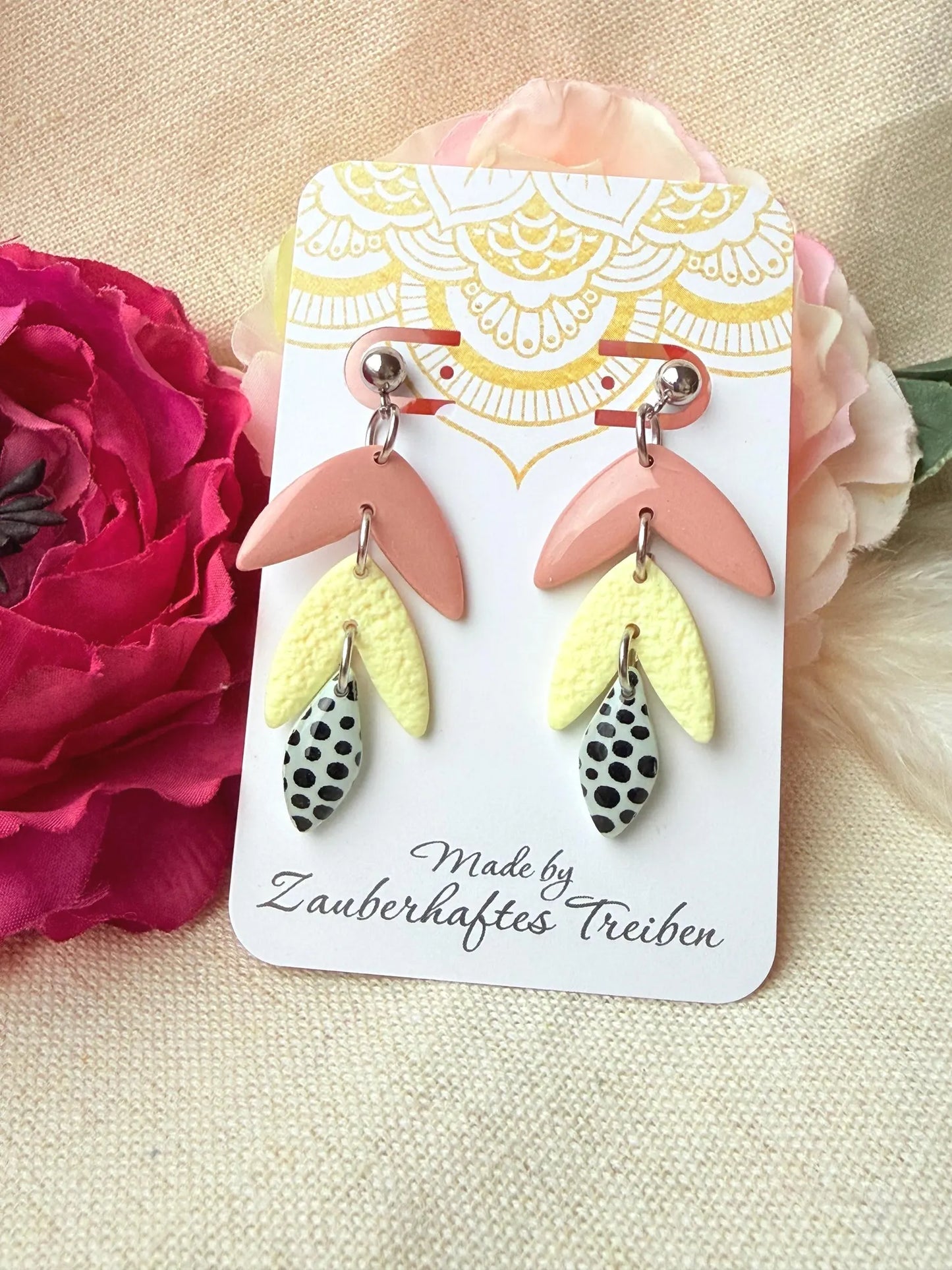 Polymer Clay Ohrringe – Handgemachte Statement Ohrringe Leicht & Modern "Fenja" pastel rosa/gelb und grün