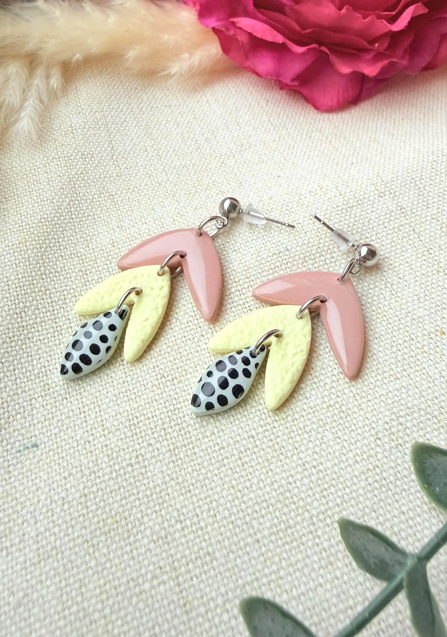 Polymer Clay Ohrringe – Handgemachte Statement Ohrringe Leicht & Modern "Fenja" pastel rosa/gelb und grün