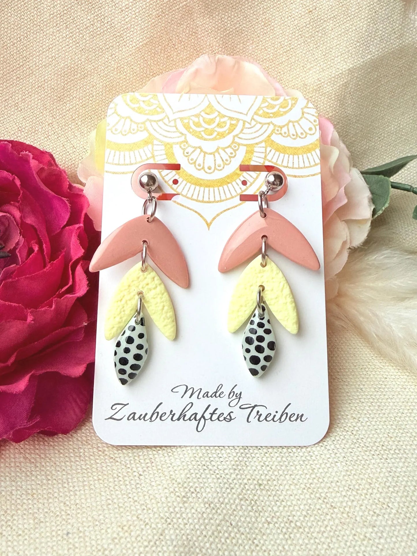 Polymer Clay Ohrringe – Handgemachte Statement Ohrringe Leicht & Modern "Fenja" pastel rosa/gelb und grün