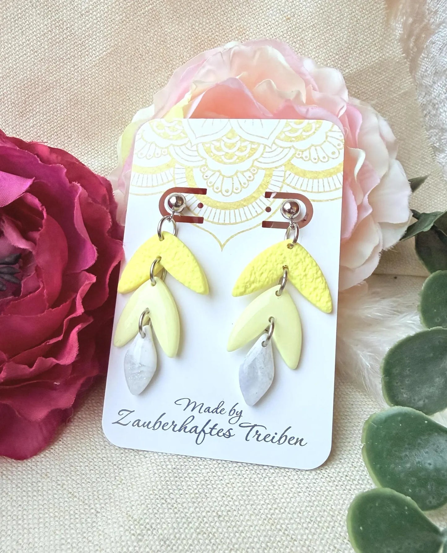 Polymer Clay Ohrringe – Handgemachte Statement Ohrringe Leicht & Modern "Sunny silber" pastel gelb