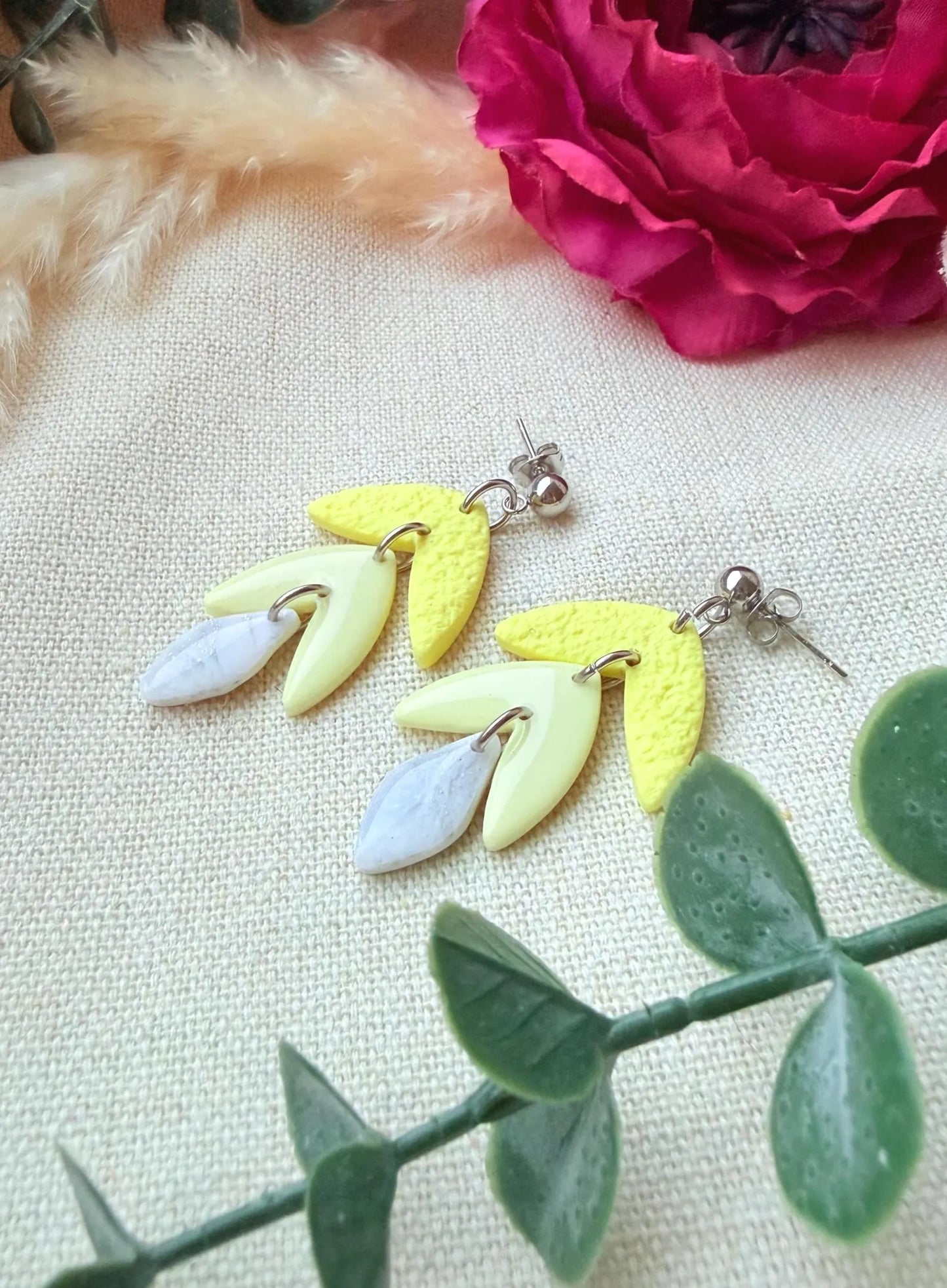 Polymer Clay Ohrringe – Handgemachte Statement Ohrringe Leicht & Modern "Sunny silber" pastel gelb
