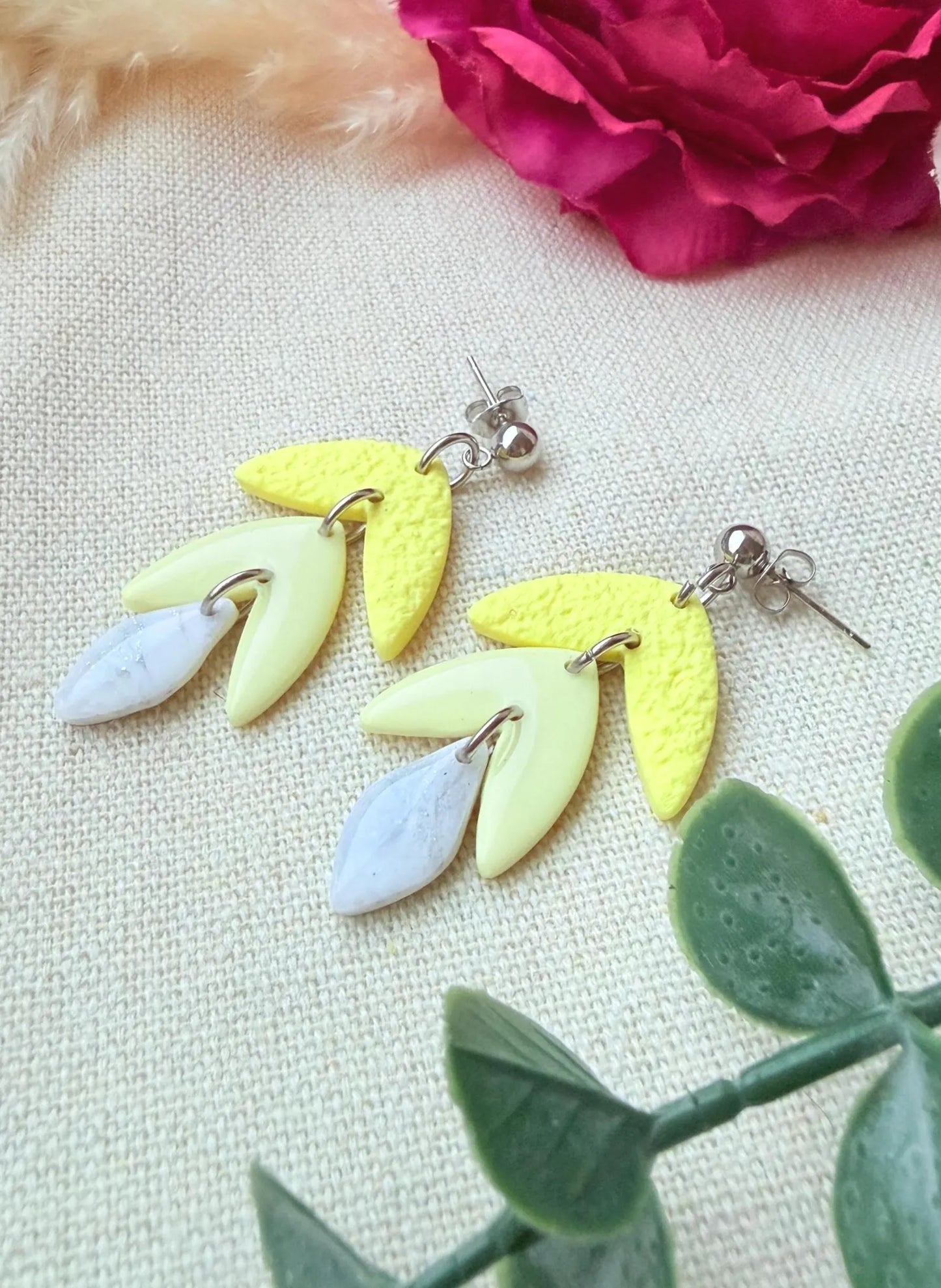 Polymer Clay Ohrringe – Handgemachte Statement Ohrringe Leicht & Modern "Sunny silber" pastel gelb