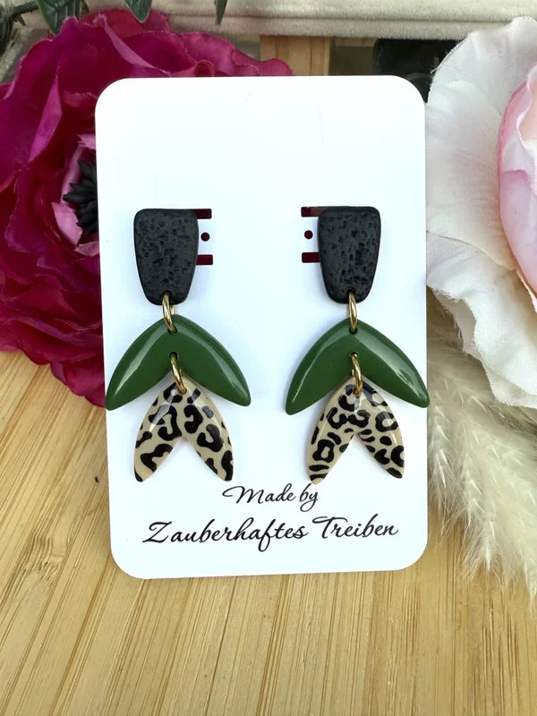 Statement-Ohrringe aus Polymer Clay – Grün & Leopardendesign // Finja