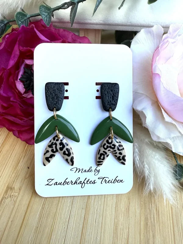 Statement-Ohrringe aus Polymer Clay – Grün & Leopardendesign // Finja