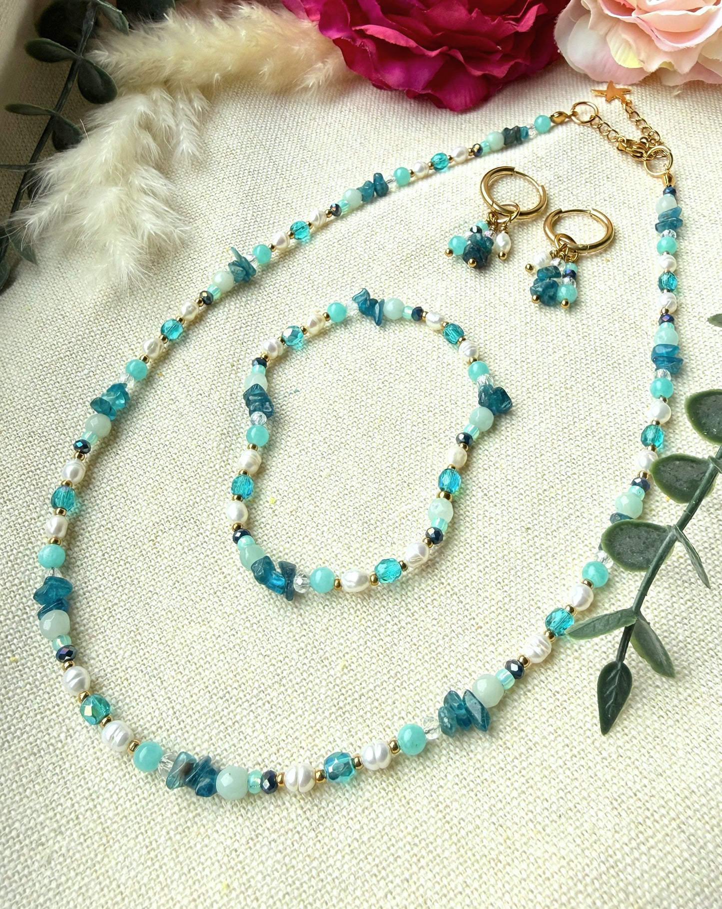 Schmuckset Türkis Blau – Kette aus Edelstein, Armband & Ohrringe — Ohrringe