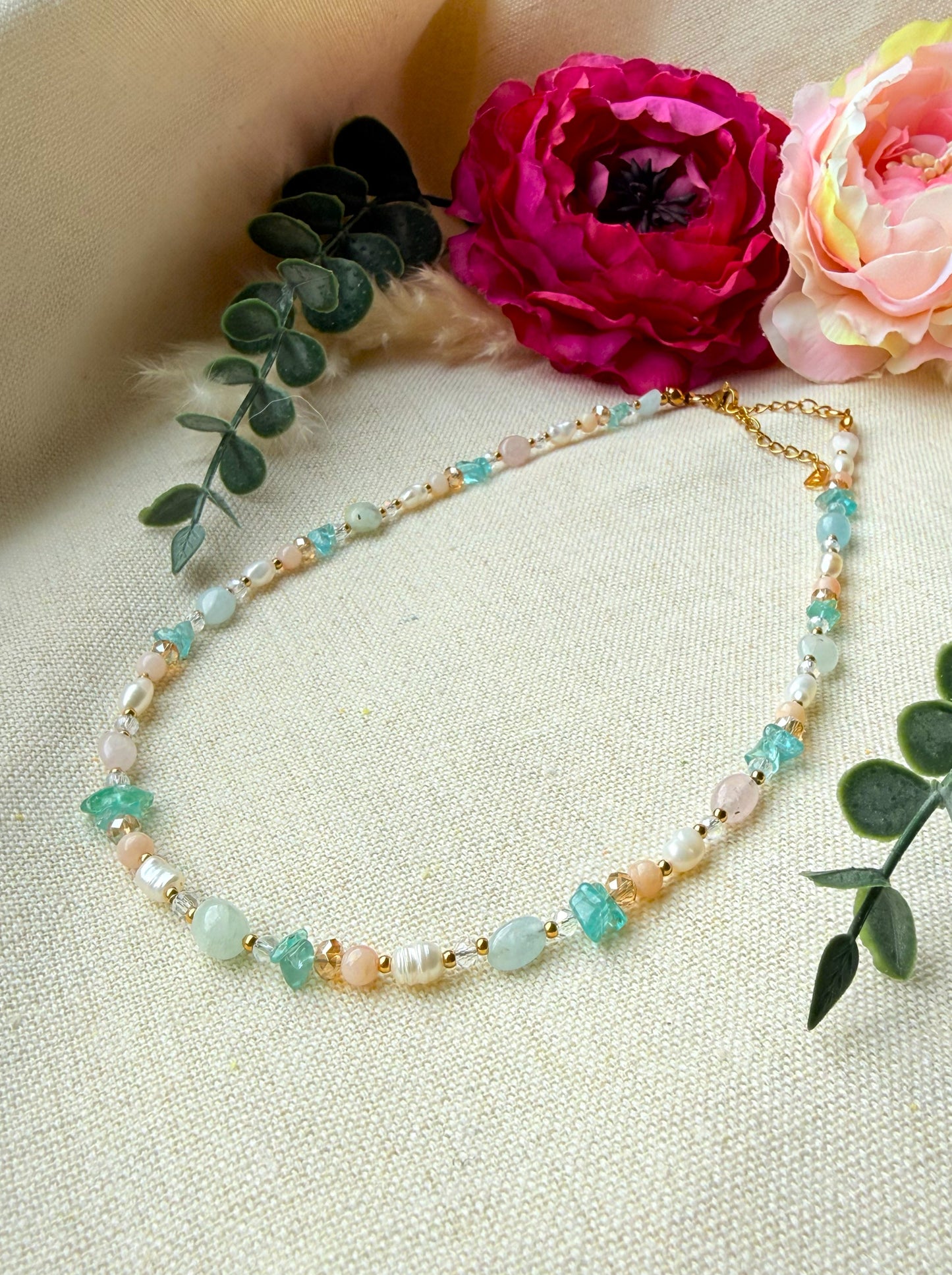 Schmuckset Pastell – Edelstein Kette, Armband und  Ohrringe aus Naturstein & Perlen — Ohrringe