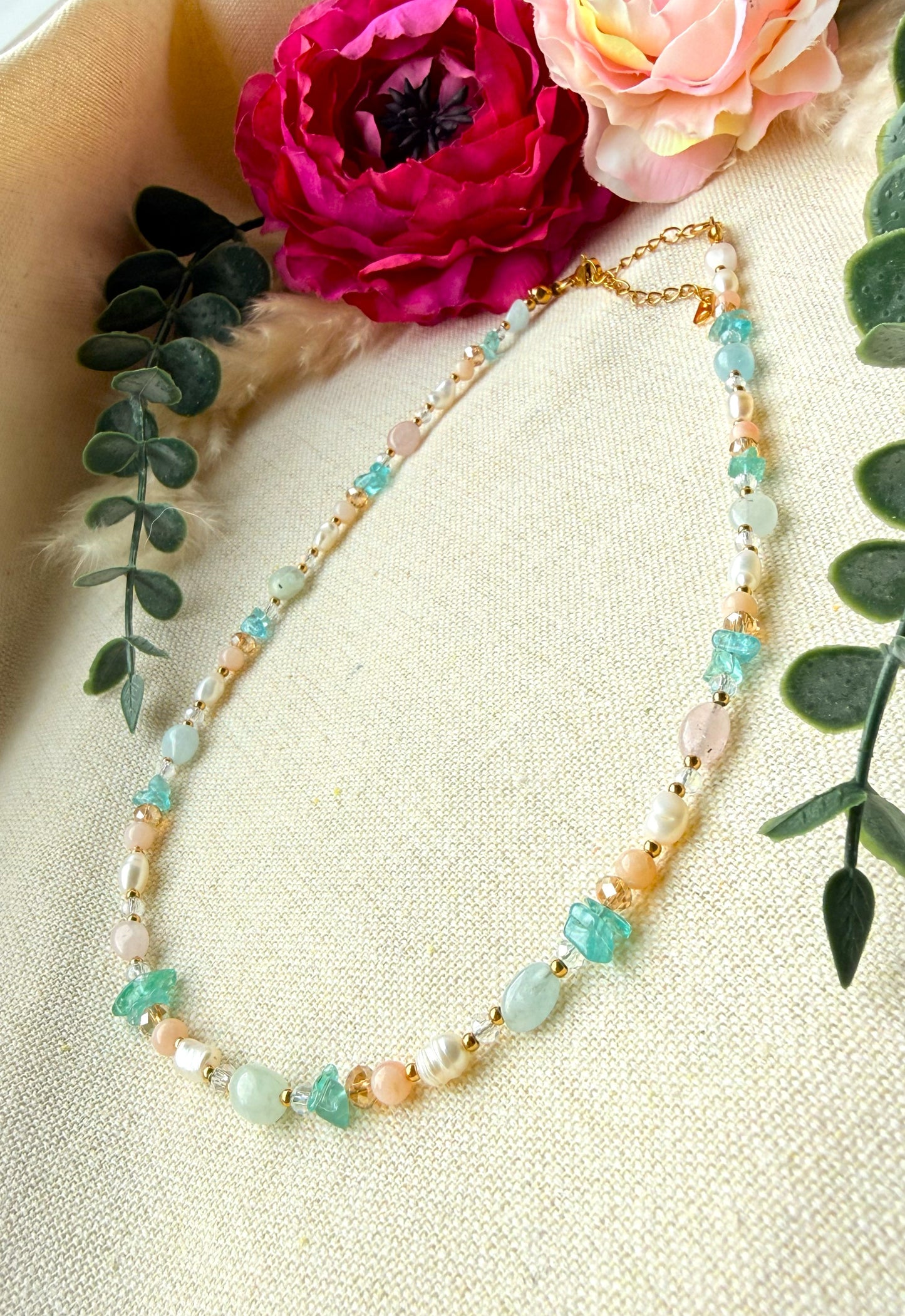Schmuckset Pastell – Edelstein Kette, Armband und  Ohrringe aus Naturstein & Perlen — Ohrringe