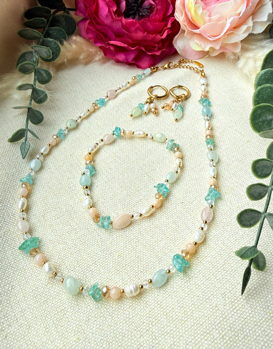 Schmuckset Pastell – Edelstein Kette, Armband und  Ohrringe aus Naturstein & Perlen — Ohrringe