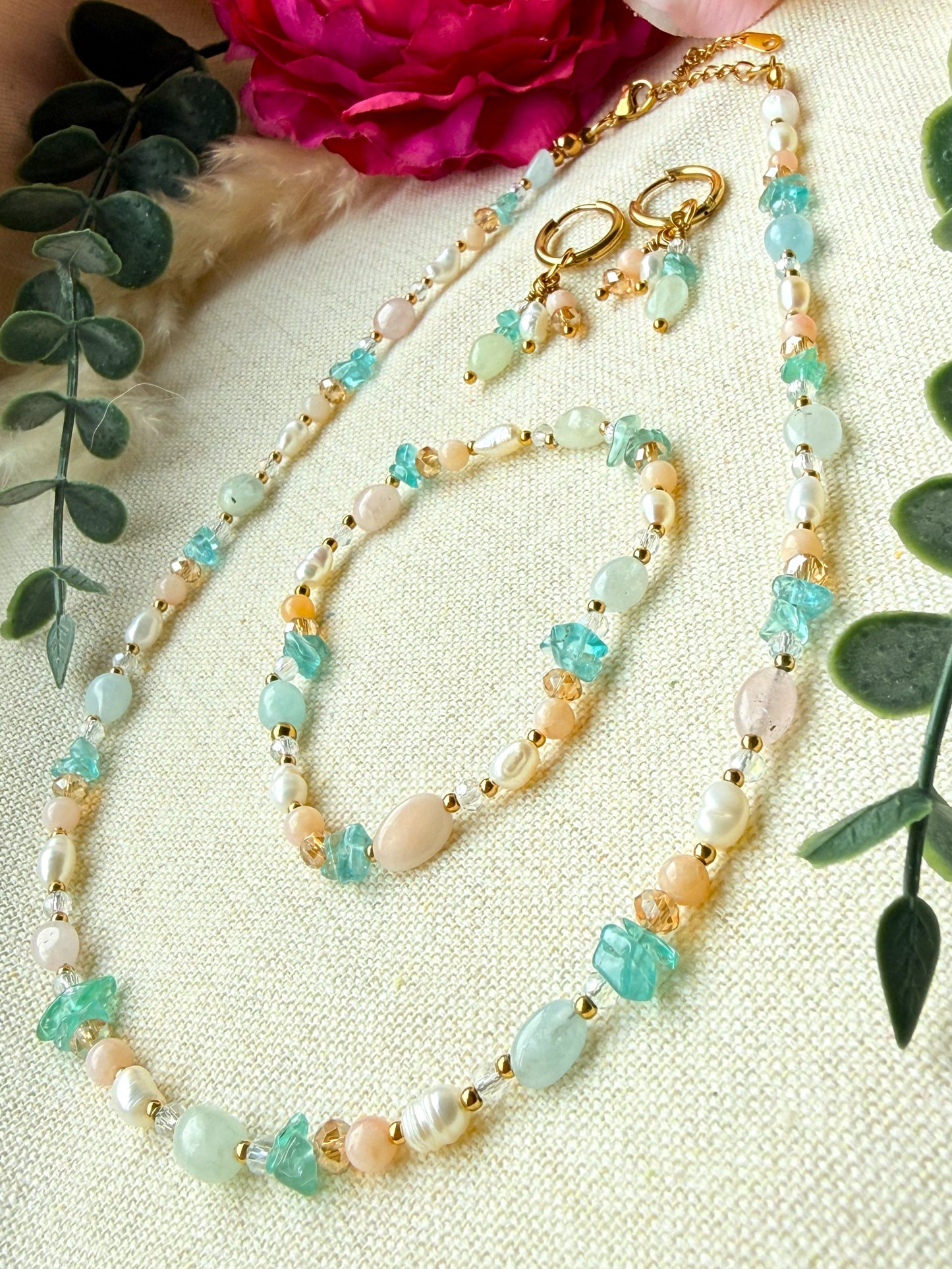 Schmuckset Pastell – Edelstein Kette, Armband und  Ohrringe aus Naturstein & Perlen — Ohrringe