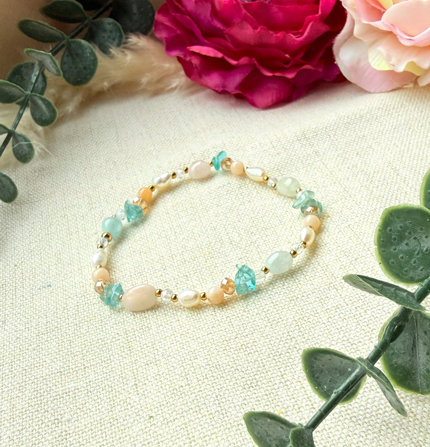 Schmuckset Pastell – Edelstein Kette, Armband und  Ohrringe aus Naturstein & Perlen — Ohrringe