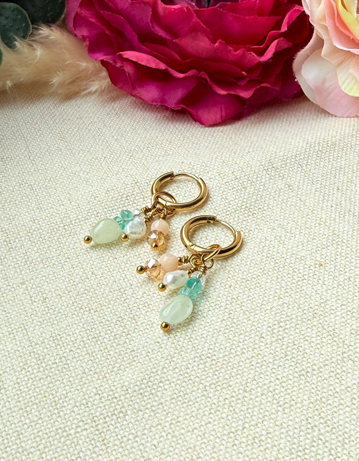 Schmuckset Pastell – Edelstein Kette, Armband und  Ohrringe aus Naturstein & Perlen — Ohrringe