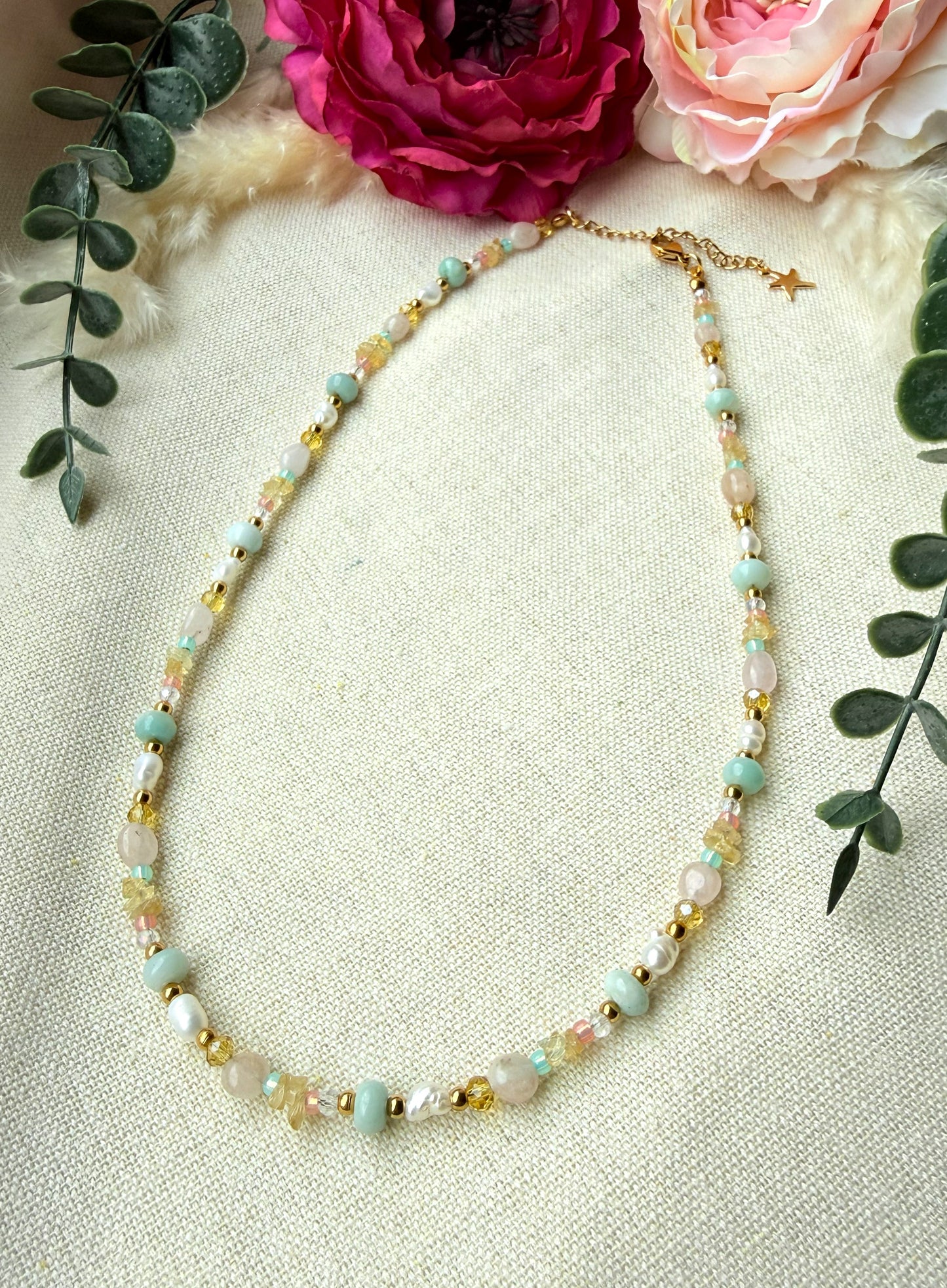 Schmuckset Pastell Frühling – Edelstein Kette, Armband und  Ohrringe aus Naturstein & Perlen — Ohrringe