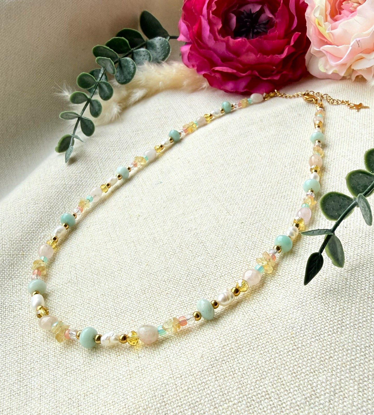 Schmuckset Pastell Frühling – Edelstein Kette, Armband und  Ohrringe aus Naturstein & Perlen — Ohrringe