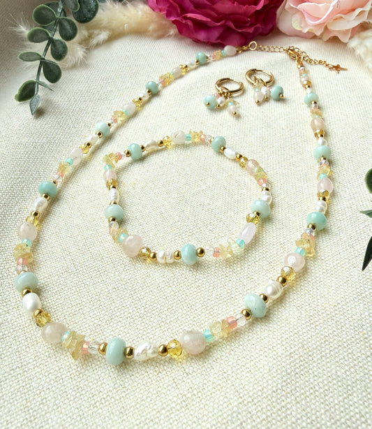 Schmuckset Pastell Frühling – Edelstein Kette, Armband und  Ohrringe aus Naturstein & Perlen — Ohrringe