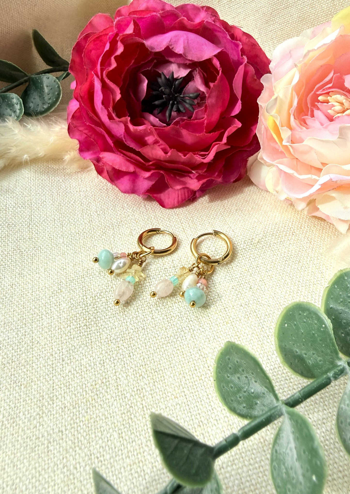 Schmuckset Pastell Frühling – Edelstein Kette, Armband und  Ohrringe aus Naturstein & Perlen — Ohrringe