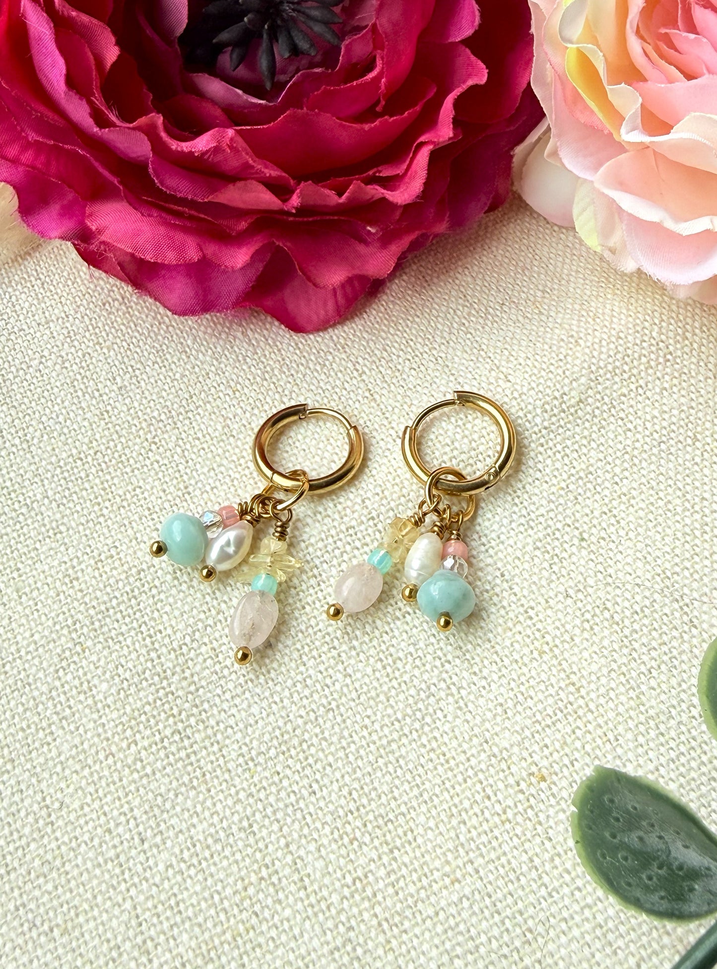 Schmuckset Pastell Frühling – Edelstein Kette, Armband und  Ohrringe aus Naturstein & Perlen — Ohrringe
