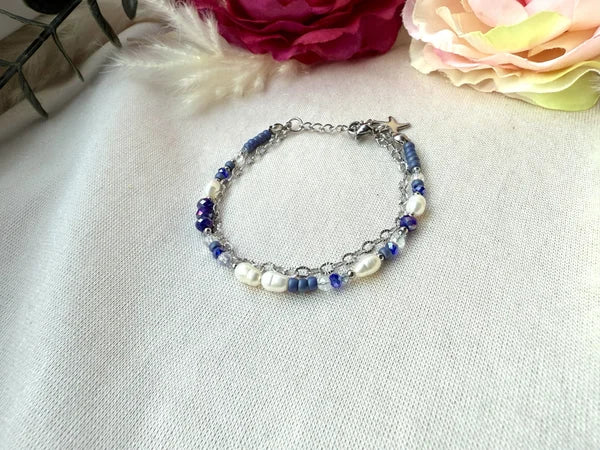 Zweigliedriges Perlenarmband "Sina" in Blau/silber tönen