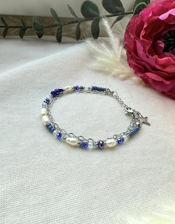 Zweigliedriges Perlenarmband "Sina" in Blau/silber tönen