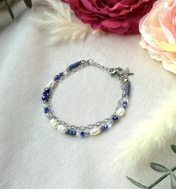 Zweigliedriges Perlenarmband "Sina" in Blau/silber tönen
