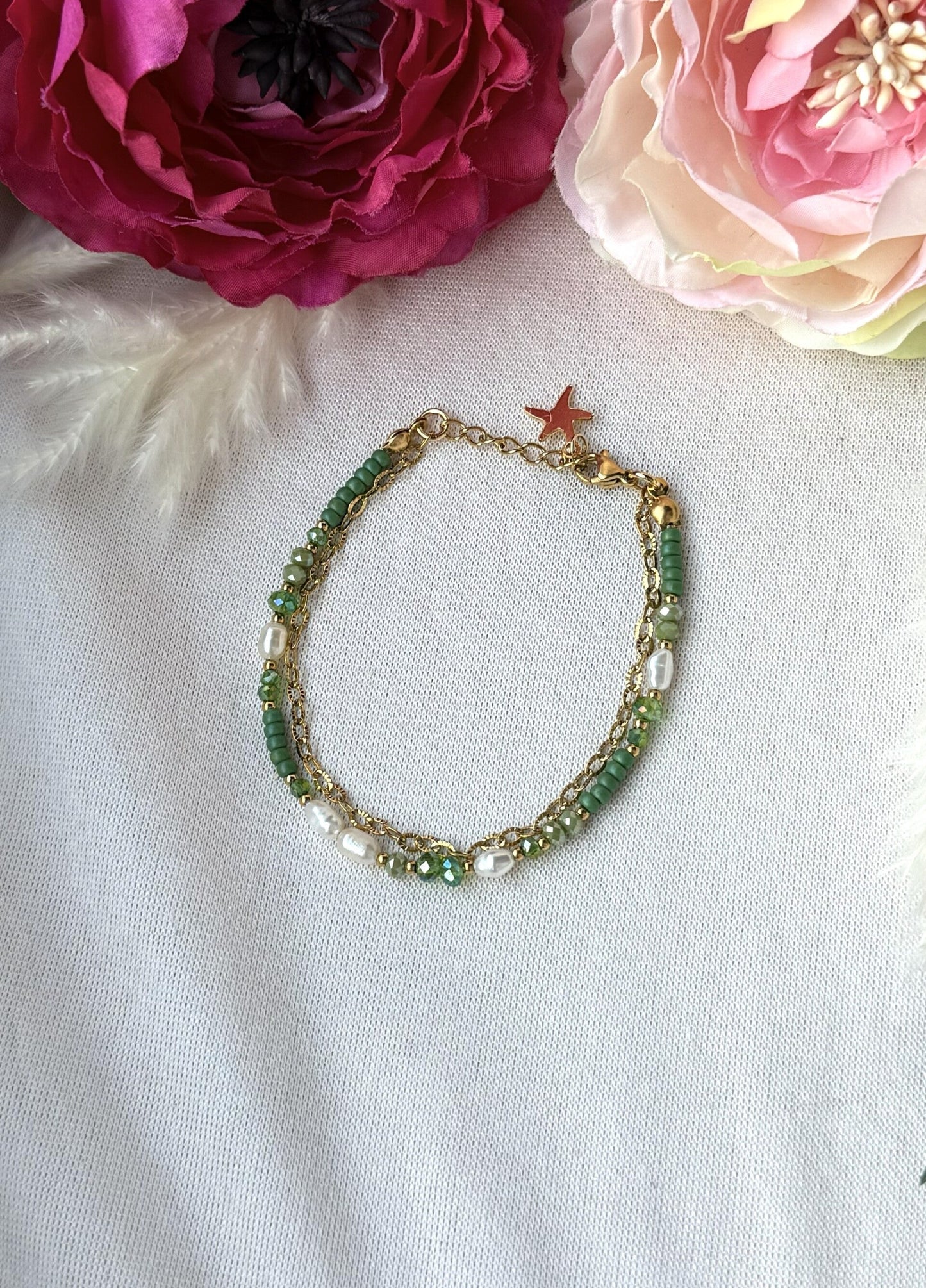 zweigliedriges Perlenarmband "Sina" in grün/gold töne