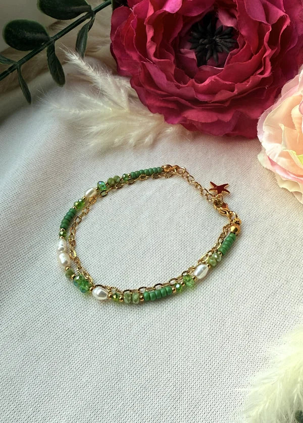 zweigliedriges Perlenarmband "Sina" in grün/gold töne