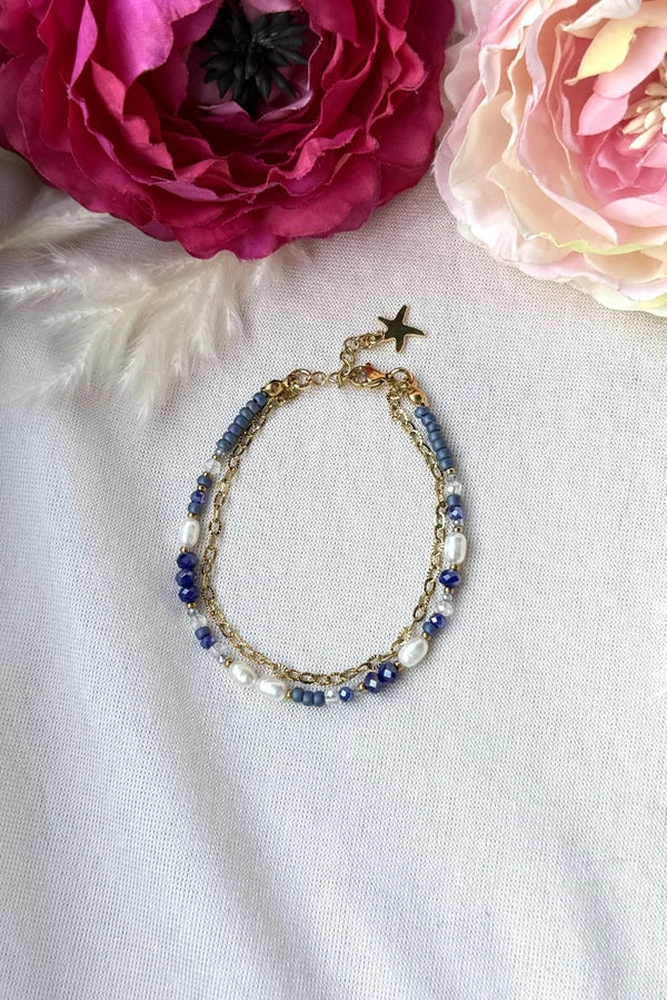 Zweigliedriges Perlenarmband "Sina" in blau/gold tönen