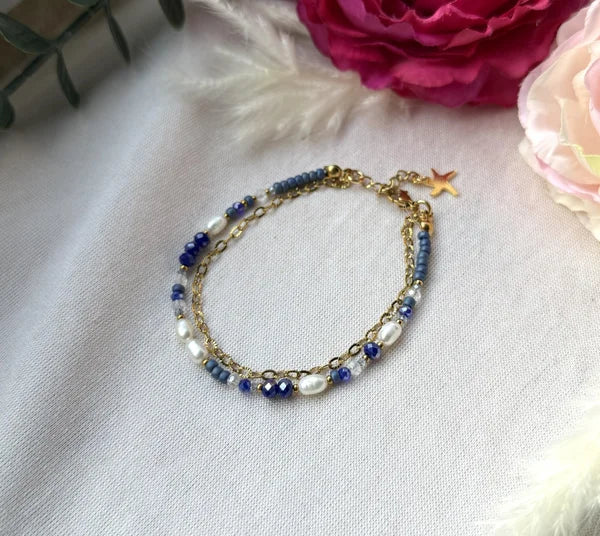 Zweigliedriges Perlenarmband "Sina" in blau/gold tönen