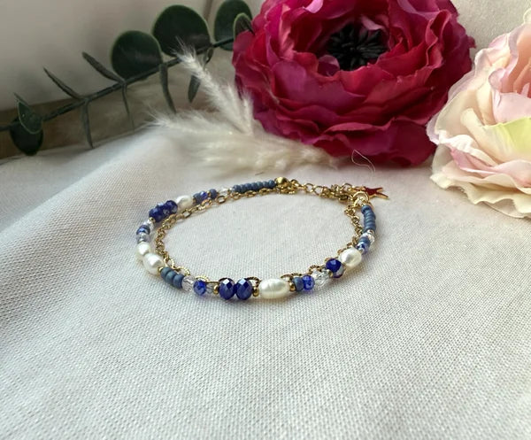 Zweigliedriges Perlenarmband "Sina" in blau/gold tönen