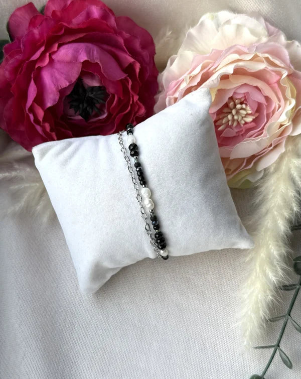 zweigliedriges Perlenarmband "Sina" in schwarz/silber töne