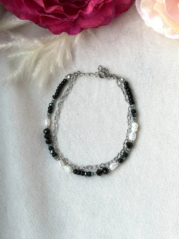 zweigliedriges Perlenarmband "Sina" in schwarz/silber töne
