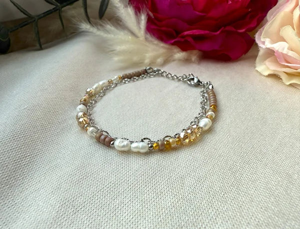 zweigliedriges Perlenarmband "Sina" in brau/silber töne