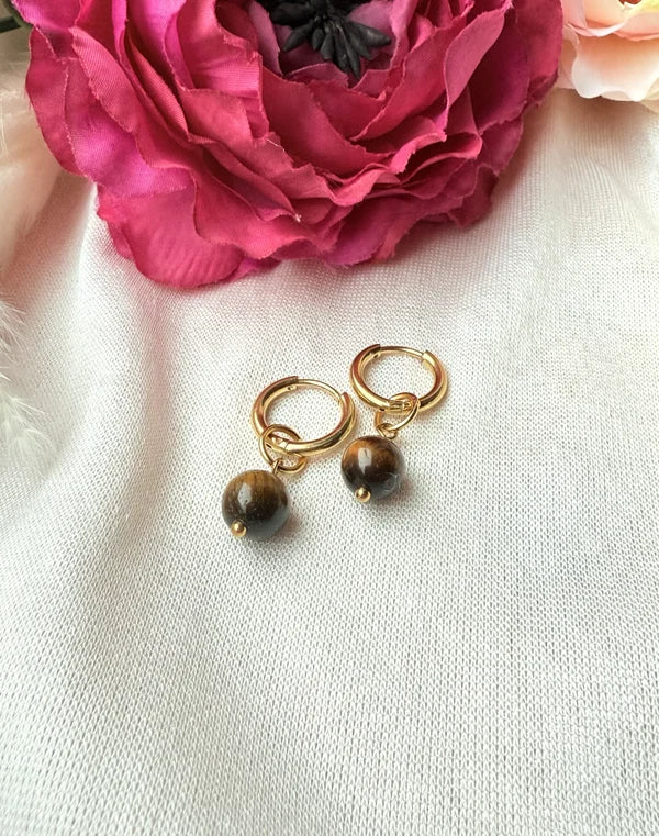 Edelstahl-Ohrringe mit Tigerauge-Perle gold