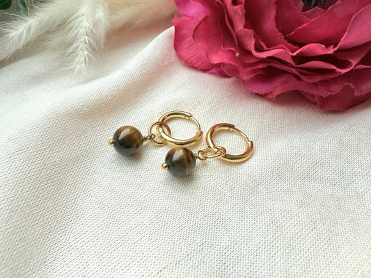 Edelstahl-Ohrringe mit Tigerauge-Perle gold