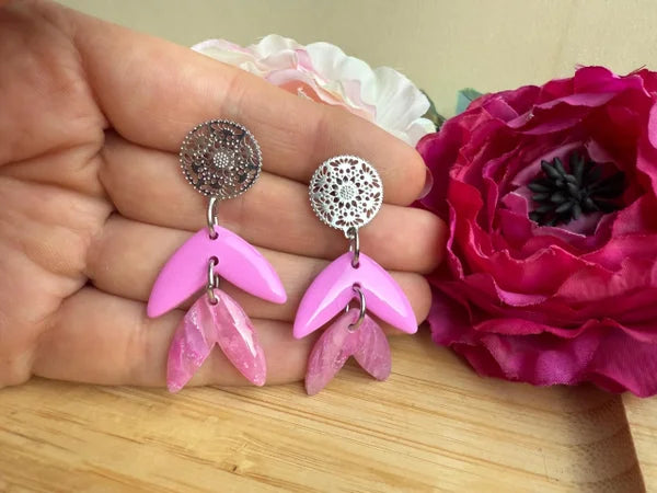 Polymer Clay Ohrringe, Ohrhänger "Rose" rosa/silber